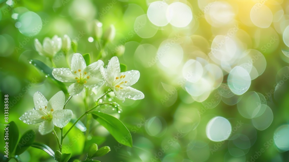 Abstract blur background of white flowers, wrightia religiosa - Wild Water Plum with water droplets, on green nature blur background Abstract blur background of white flowers, wrightia religiosa - Wild Water Plum with water droplets, on green nature blur background