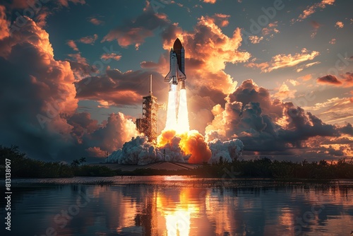 photorealistic photo of a space shuttle launch, with a dramatic sky and clouds, featuring a rocket in an epic style.