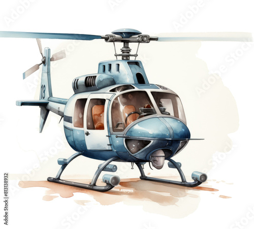 Watercolor Painting of a Helicopter on White Background
