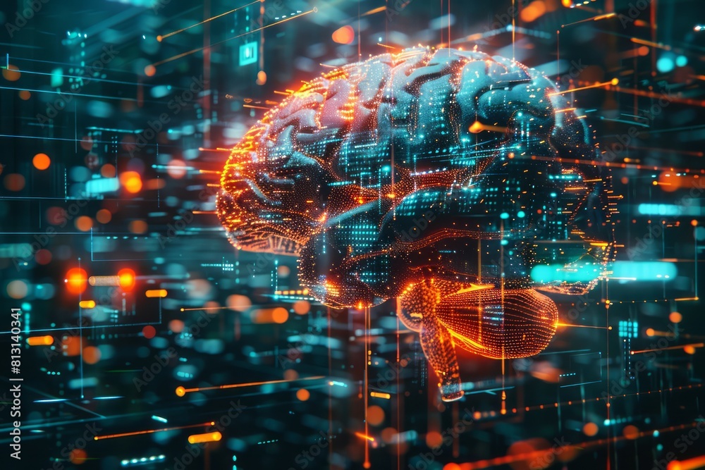 A brain is shown in a computer generated image with a lot of detail A brain is shown in a computer generated image with a lot of detail