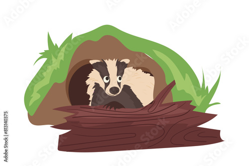 Cute badger cartoon character living in burrow peeped out hole in ground isolated on white