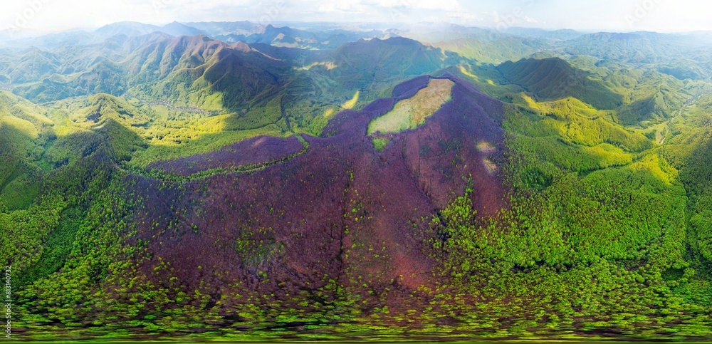 drone flies over a spring Carpathian peak with an interesting phenomenon - the mountain forest on the mountain is green up to a certain height, and above without leaves