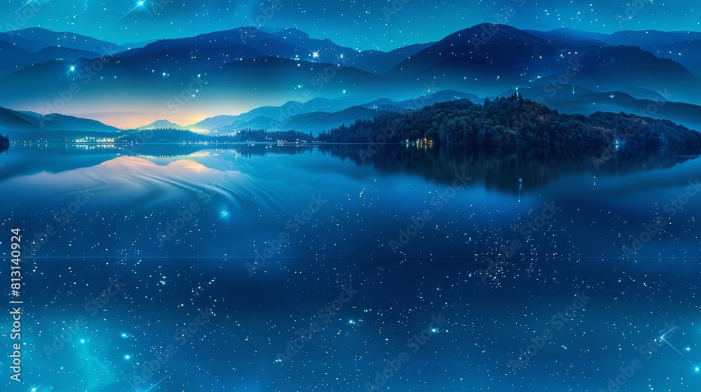 Fototapeta premium Starry night sky over a tranquil lake top view reflection of stars advanced tone Complementary Color Scheme
