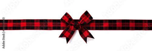 Red and black buffalo plaid Christmas gift bow and ribbon. Long border isolated on a white background