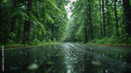 A wet road winds through a dense forest  surrounded by towering trees and misty mountains in the distance  reflecting the greenery above.