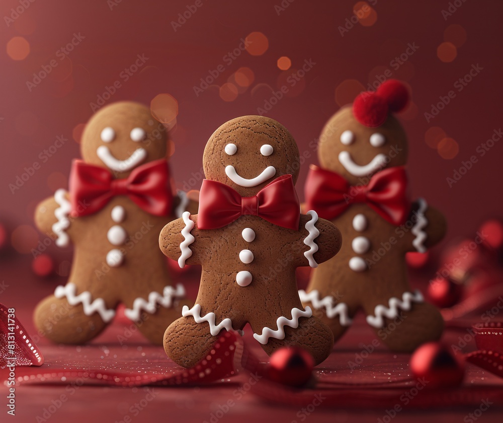 Season's Greetings: Holiday Gingerbread Cookies with Red Ribbon and Smiling Faces, Festive Background Season's Greetings: Holiday Gingerbread Cookies with Red Ribbon and Smiling Faces, Festive Background