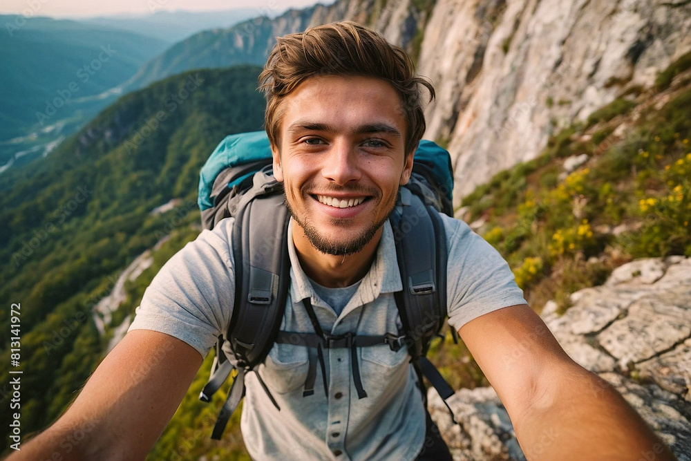 Young boy with hiking backpack on the rocky terrain of a high mountain peak. Stunning view of mountains covered in lush greenery under a clear sky. Themes of adventure, hiking and nature exploration.
