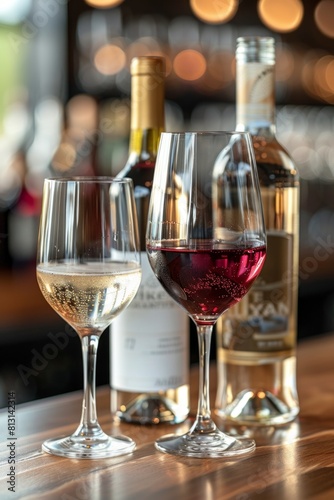 Three glasses of wine rest on a polished bar, each one exuding elegance and luxury.