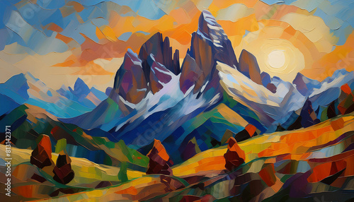 pittura dolomiti al tramonto quadro montagne 