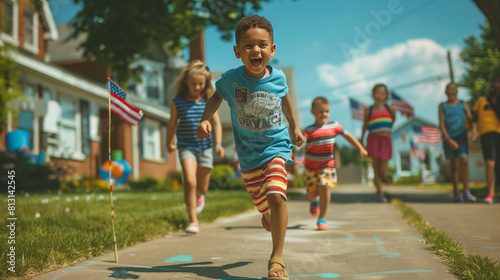 happy little black american boy running along the path, looking at the camera, in the background other children running, american independence day concept,  diversity, inclusion, with copy space