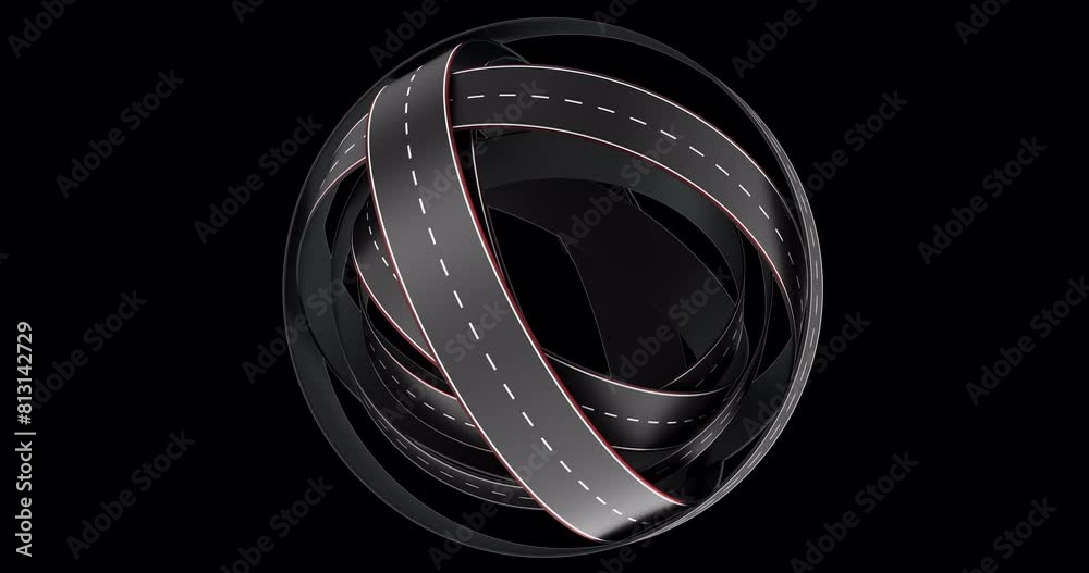 Tangled ball of roads, roads knot, rotation animation. 3D rendering isolated on transparent background