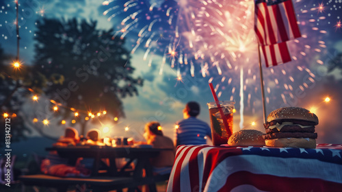 burger and cola on the table against the background of the American flag. in the background people watch fireworks in the night sky. copy space