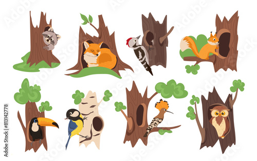 Cute animals and birds cartoon characters living in hollows set isolated on white background