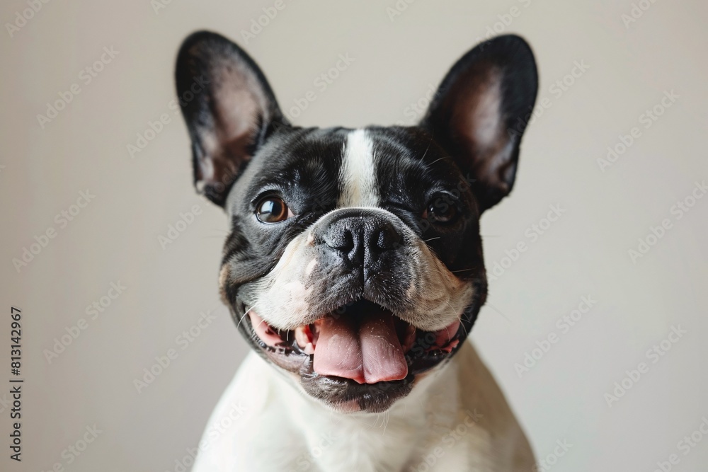 Charming French Bulldog Puppy, Sitting with Mouth Open, Expressing Joy Charming French Bulldog Puppy, Sitting with Mouth Open, Expressing Joy