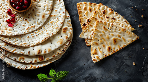 delicious toasted pitta on a black stone background, decorated with pomegranate seeds. whole and pieces, top view