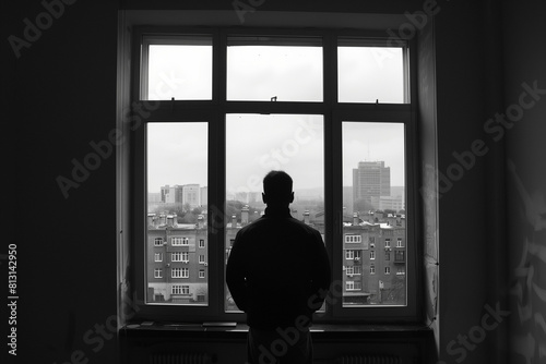 A man stands in front of a window. The black and white photo has a silhouette style, reminiscent of primitivism. It shows the window view of city buildings, taken from inside an apartment