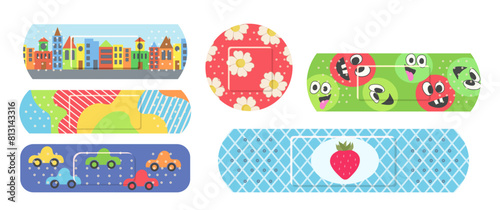Colored antibacterial adhesive medical plasters with cute childish design set isolated on white