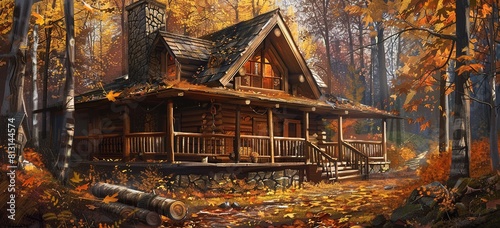 A log cabin nestled in the woods, surrounded by autumn foliage and fallen leaves.