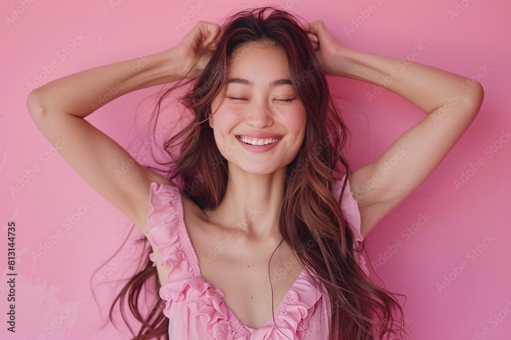 Smiling Woman with Hand on Head on Pink Background Smiling Woman with Hand on Head on Pink Background