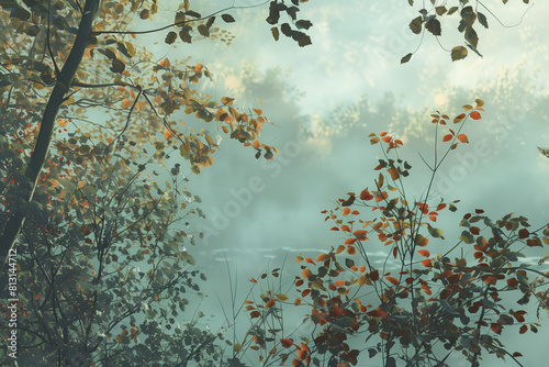 A serene autumn landscape with misty trees and leaves, rendered in the style of a soft focus photography. The composition is a closeup shot showcasing an enchanted pond surrounded by foliage