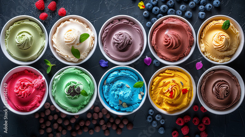 ice cream of different flavors and colors in cups, top view on a stone gray background. Mango, pistachio, blueberry, chocolate, cream. Decorated with blueberries and other berries