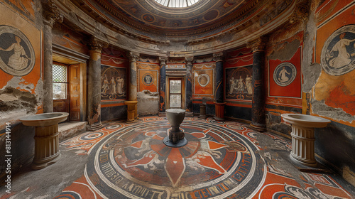 An immersive photograph capturing the grandeur of an ancient Roman mosaic adorning the floor of a well-preserved villa, depicting mythological scenes and intricate geometric patter