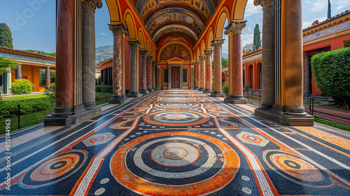 An immersive photograph capturing the grandeur of an ancient Roman mosaic adorning the floor of a well-preserved villa, depicting mythological scenes and intricate geometric patter