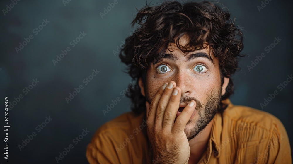 Expressive Man with Surprised Expression, Hands on Mouth