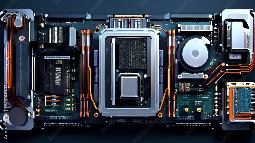 Fototapeta premium Tech in Flight: Modern Computer Hardware Components Soaring Through the Air