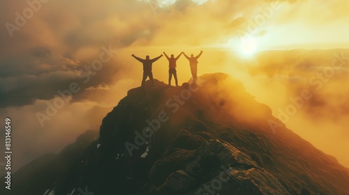 Together overcoming obstacles with three people holding hands up in the air on mountain top , celebrating success and achievements