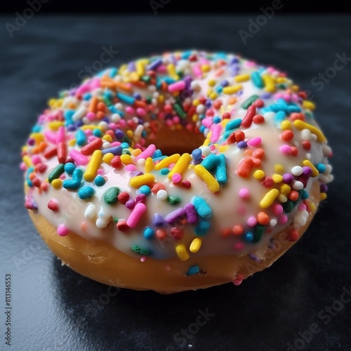 Glazed Doughnut with Multicolored Sprinkles on a Black Surface

