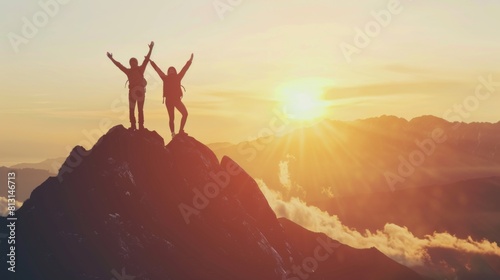 Together overcoming obstacles with three people holding hands up in the air on mountain top   celebrating success and achievements