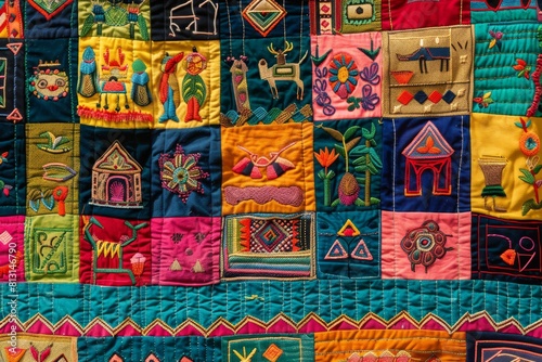 Colorful patchwork quilt displaying a variety of intricate embroidery patterns