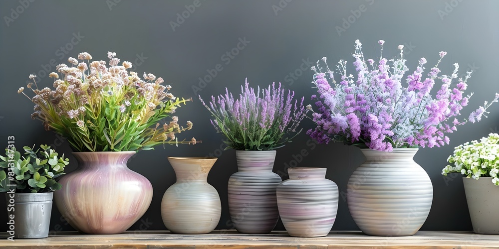 Vases on table with various plants creating artful display of nature. Concept Vase Arrangements, Table Setting, Botanical Decor, Indoor Plants, Nature-inspired Display Vases on table with various plants creating artful display of nature. Concept Vase Arrangements, Table Setting, Botanical Decor, Indoor Plants, Nature-inspired Display