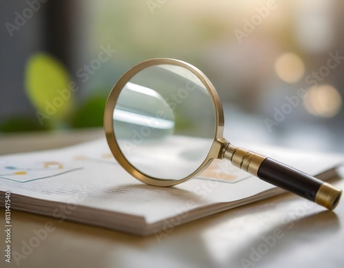 Magnifying glass, concept of information search and document authentication. Zoom object. photo