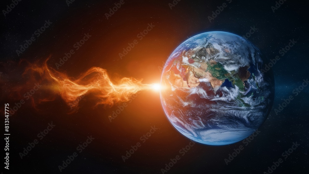 Dramatic image of Earth with a fiery energy burst, symbolizing environmental catastrophe or cosmic event. Dramatic image of Earth with a fiery energy burst, symbolizing environmental catastrophe or cosmic event.