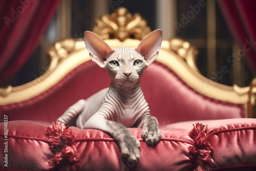 The Sphynx cat sits majestically on a red chair