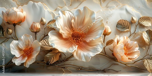 3d illustration of white and orange flowers with golden lines on light background
