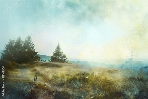 digital art of an ethereal landscape with pine trees and grass  misty sky  light blue background with subtle mandala patterns in the distance  a path leading to distant hills  serene atmosphere  soft 