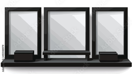 Mockup of empty black photo frames standing on shel photo