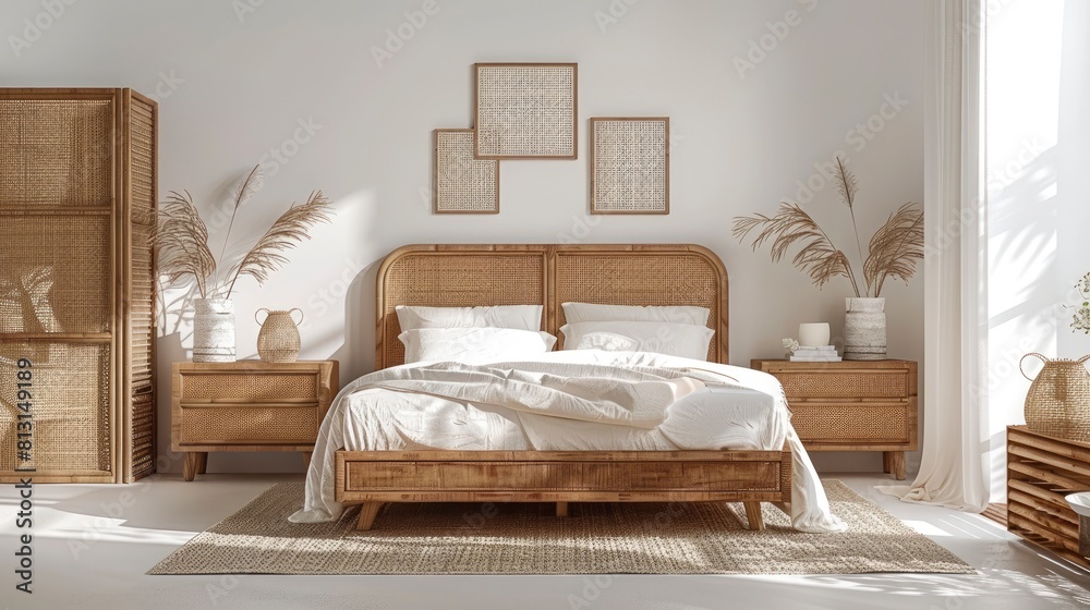 custom made wallpaper toronto digitalCreate Your Own Oasis With A Home Mockup Bedroom Interior Background, Featuring Rattan Furniture And Empty Frames Awaiting Personal Touches