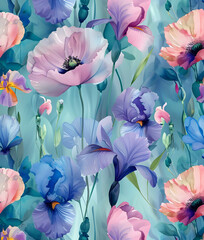 Deken met foto Bloemen patronen Kleurrijke klaprozen en irissen op turquoise  © Emmyn2222