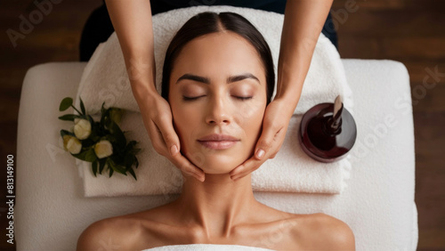 View of young relaxed female having facial massage for skin rejuvenation. 