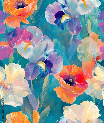 Seamless pattern of colorful flowers Including poppies and iris. The background is turquoise blue, flower petals, and the background wallpaper uses light pastel colors. Soft, sweet color