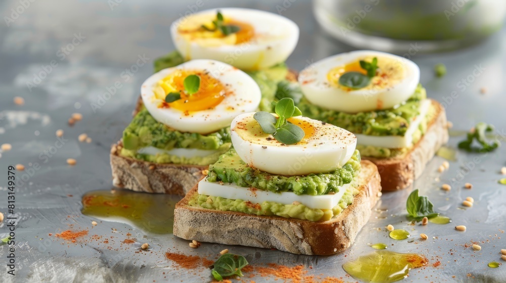 Avocado toast with boiled eggs and pesto on a rustic plate, perfect for culinary blogs and healthy lifestyle promotions. Avocado toast with boiled eggs and pesto on a rustic plate, perfect for culinary blogs and healthy lifestyle promotions.