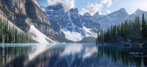 The majestic Moraine Lake in front of snowcapped mountains  Canada s beautiful natural landscape.