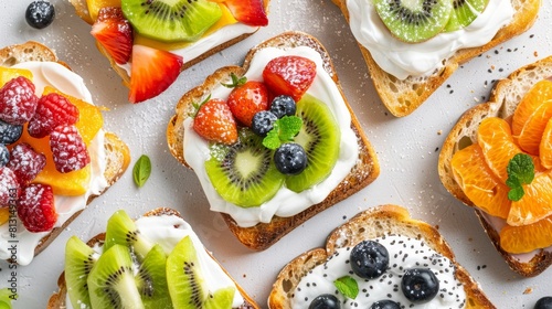 Colorful fruit toasts on a light background, perfect for health and wellness content.