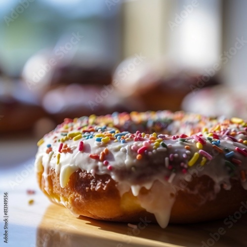 Glazed Doughnut with Sprinkles on Wooden Table in Front of Window
