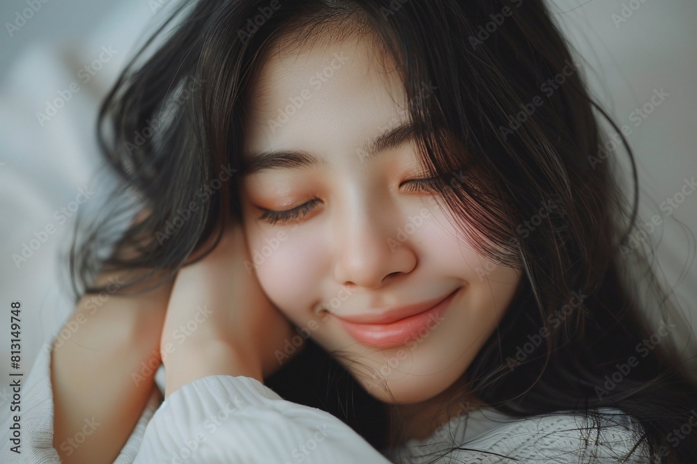 Gentle Smiling Asian Woman with Closed Eyes, Expressing Contentment and Peacefulness