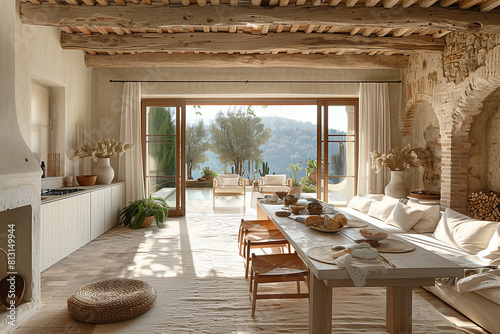 Streamlined Minimalist Dining Room Design with Earthy Palette in a Rustic Tuscan Villa  Enhanced by Bright Afternoon Light.